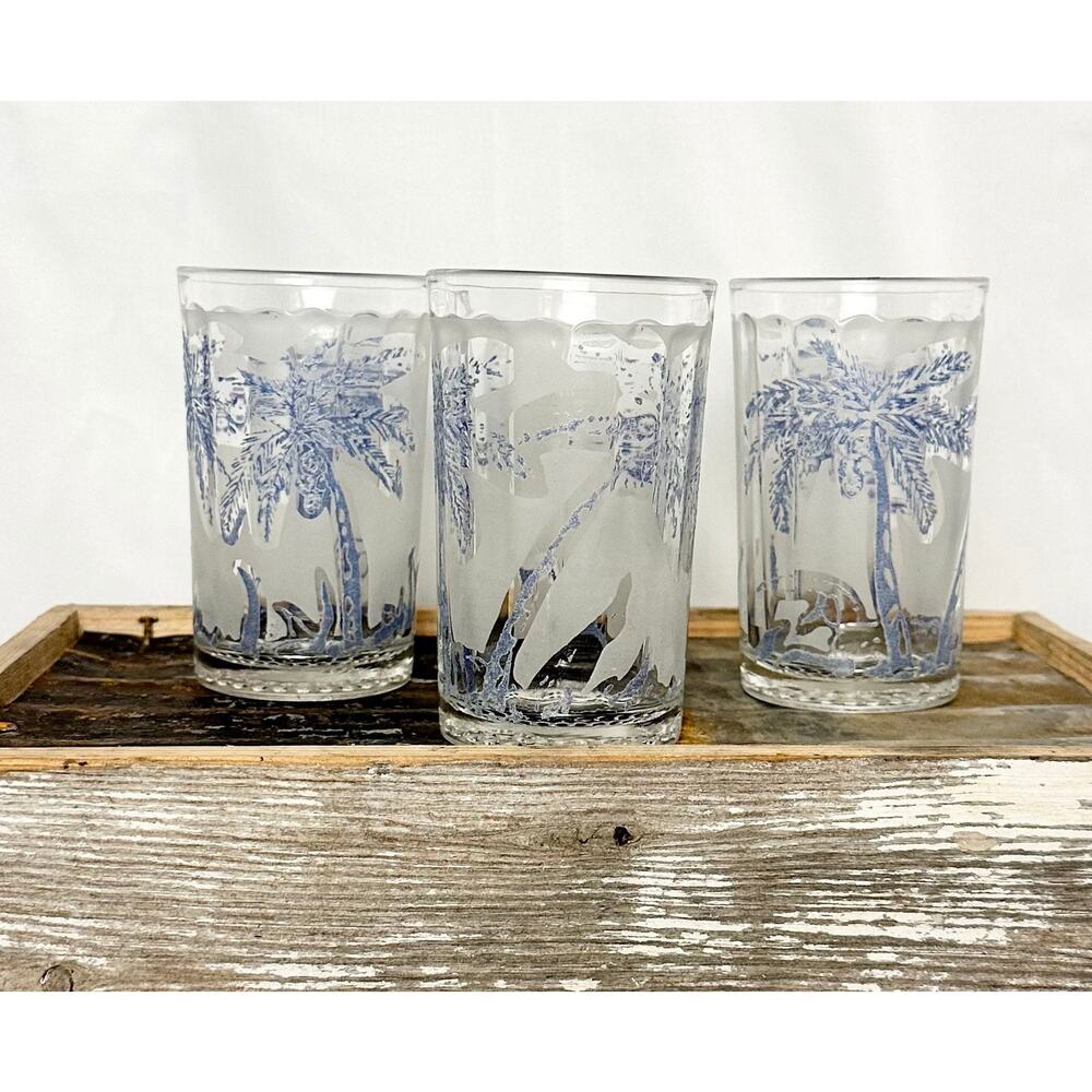Vintage Set of Three, 7oz Frosted and Embossed Blue Palm Tree Tumblers